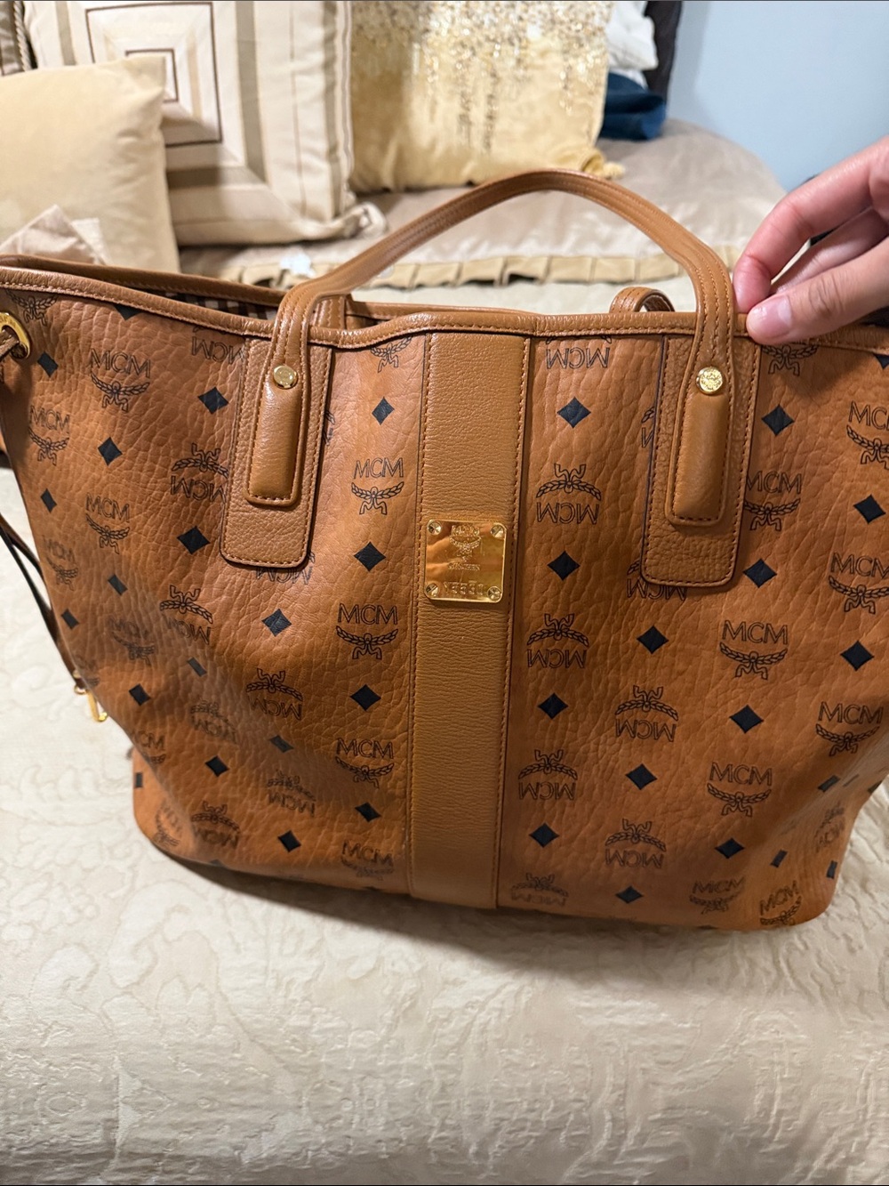 MCM Cognac Visetos Logo Tote reversible